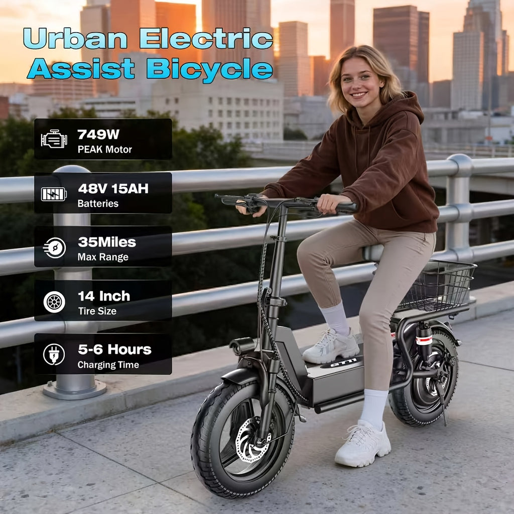 749W Electric Scooter with Seat, 48V 15AH Large-Capacity Battery, 35-mile Long Range & 19.9 MPH Speed, 14" Pneumatic Tire, Height-Adjustable Seat & Handlebar, Dual-Suspension Commuting Scooter with Basket