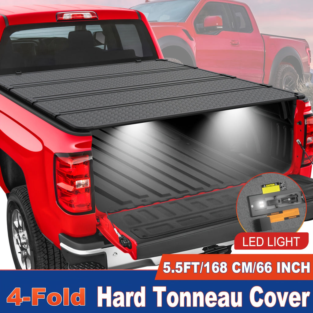 5.5ft Hard Tonneau Cover 4-Fold for Ford for F150 F-150 Truck Bed 2015-2026 W/ Lamp Truck Bed Accessories Truck Stuff Pickup Truck Bed Cover Truck Cargo Cover Pickup Tonneau Lid