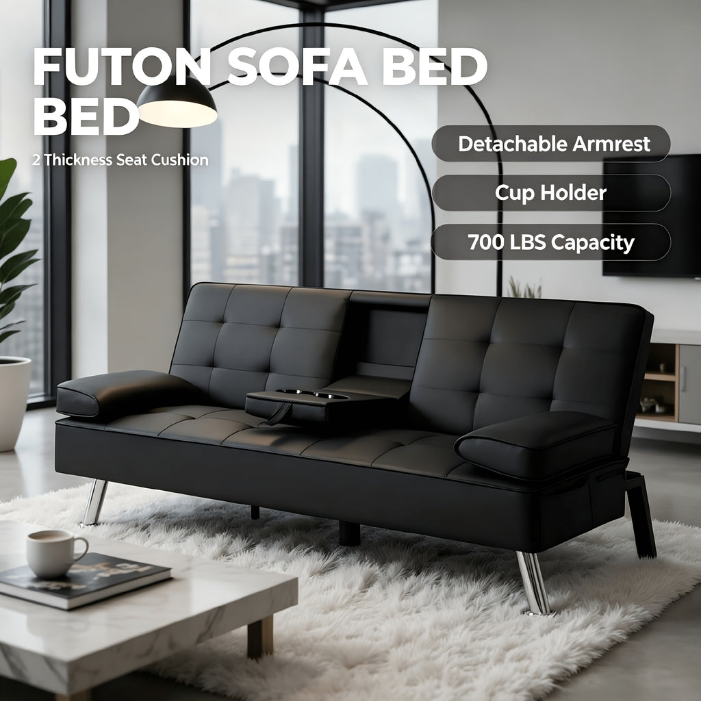 67" Convertible Futon Sofa Bed, 2 Thickness Seat Cushion, Adjustable Folding Couch with Detachable Armrest & Cup Holders, Heavy Duty 700 LBS Metal Frame, Multifunctional Sleeper Sofa for Living Room Bedroom Apartment Dorm