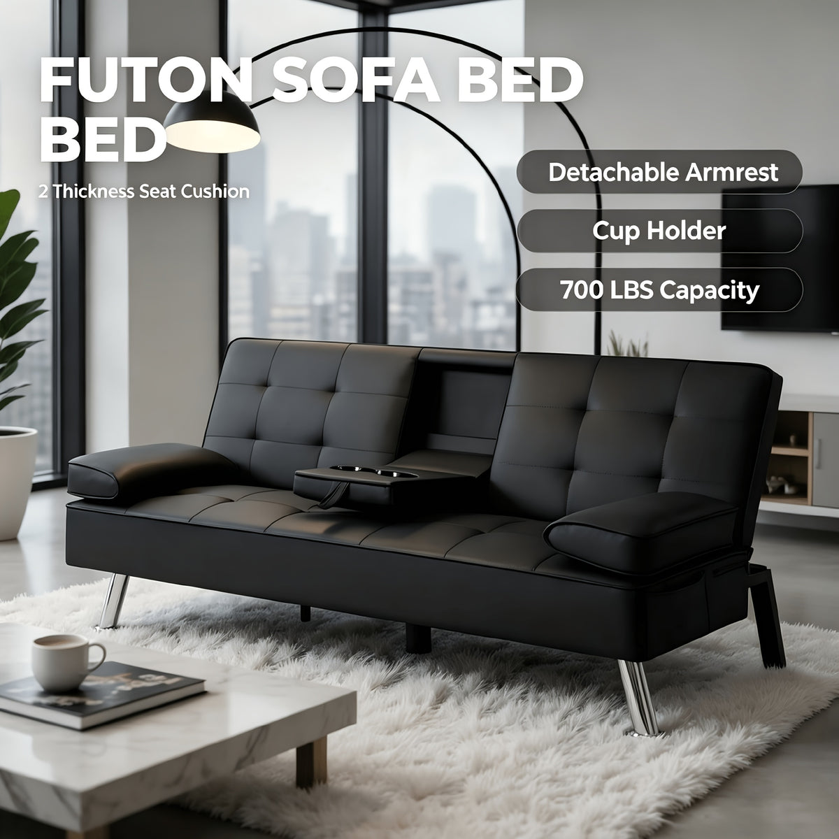 67" Convertible Futon Sofa Bed, 2 Thickness Seat Cushion, Adjustable Folding Couch with Detachable Armrest & Cup Holders, Heavy Duty 700 LBS Metal Frame, Multifunctional Sleeper Sofa for Living Room Bedroom Apartment Dorm