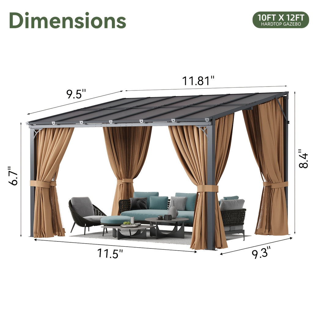 8x10/14x10/12x10/16x10/20x10ft Gazebo, Wall-Mounted Pergola with Drapes, Patio Gazebo Compact Sturdy Hardtop for Gardens Yards Backyard Deck Outdoor(Brown)