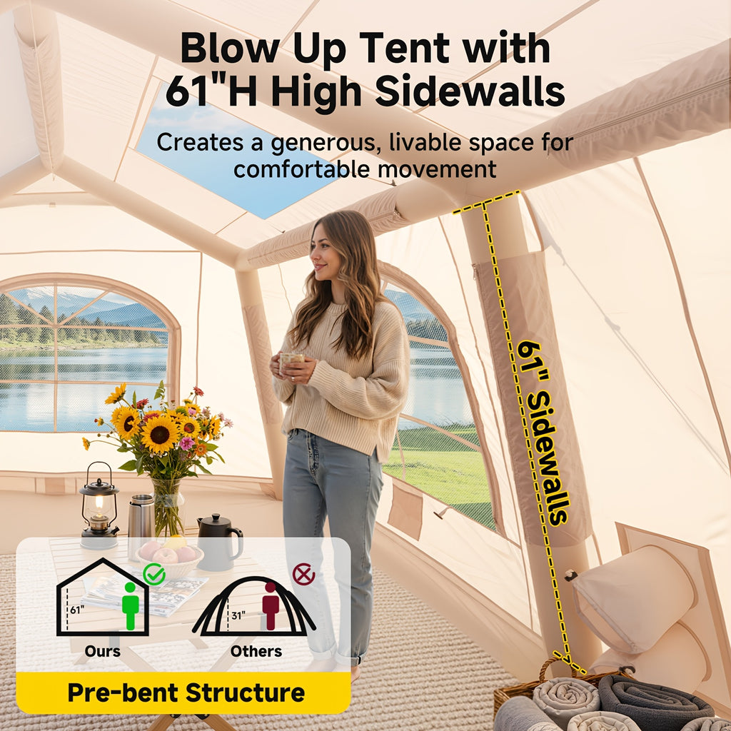 LILYPELLE 6-12 Person Ridge-Style Inflatable Camping Tent with Manual Pump, Large Mesh Windows And Curtain Divider, Four-Season Use, Easy Setup, Ideal for Groups And Families