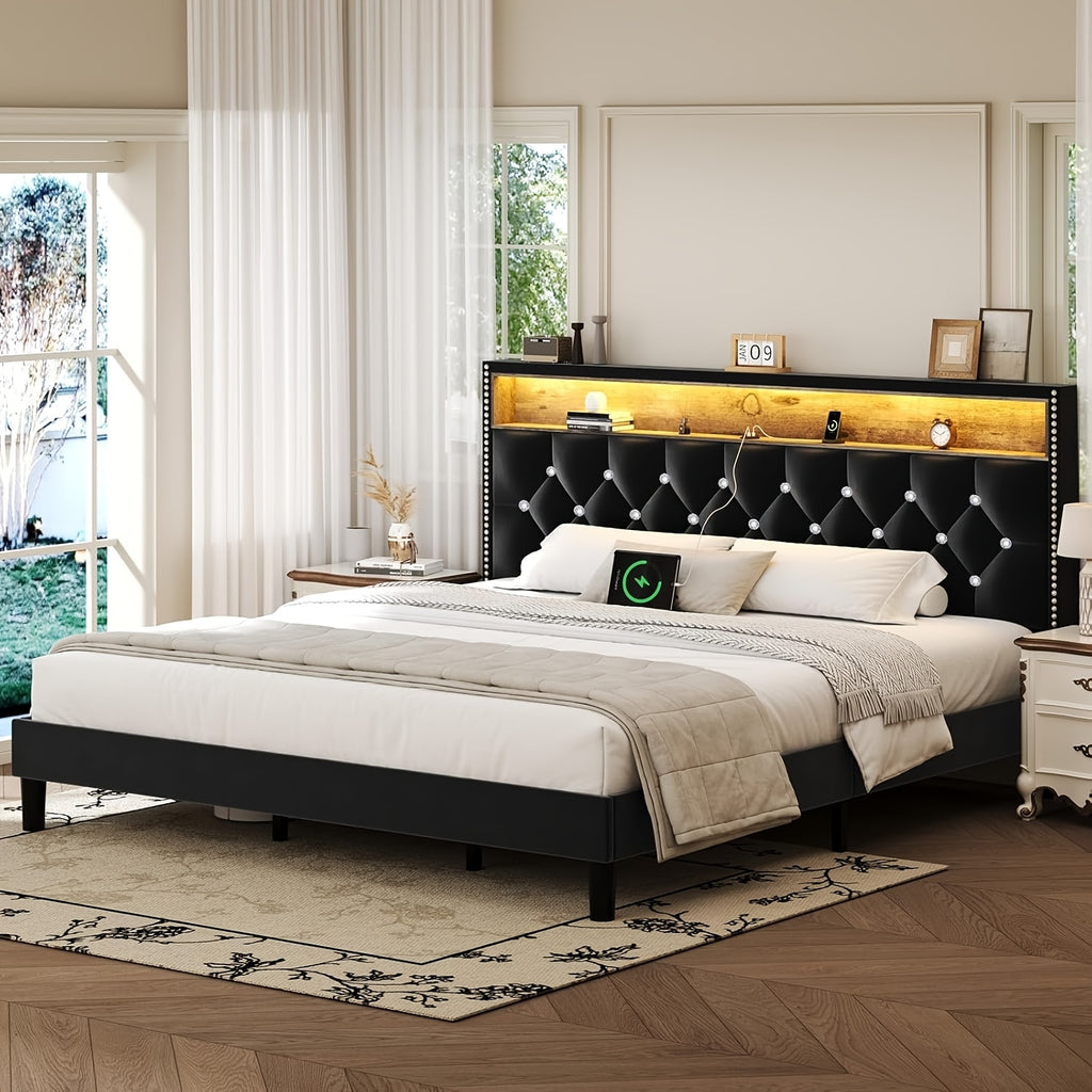 Bed Frame with LED Lights, Velvet Upholstered Platform Bed with Storage Headboard, Charging Station And Diamond Tufted Design - No Box Spring Required - Easy Assembly - Black