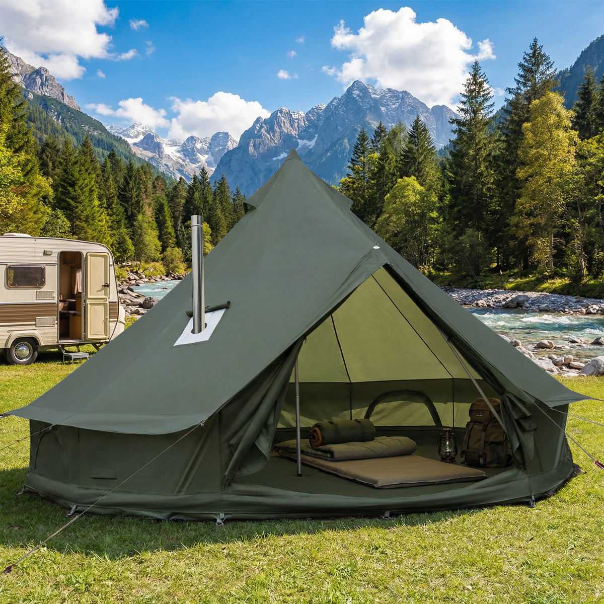 Luxury Oxford Fabric Bell Tent, Yurt Canvas Tent with Stove Jack, 4/6/8 Person Family 4 Season Camping (Green)