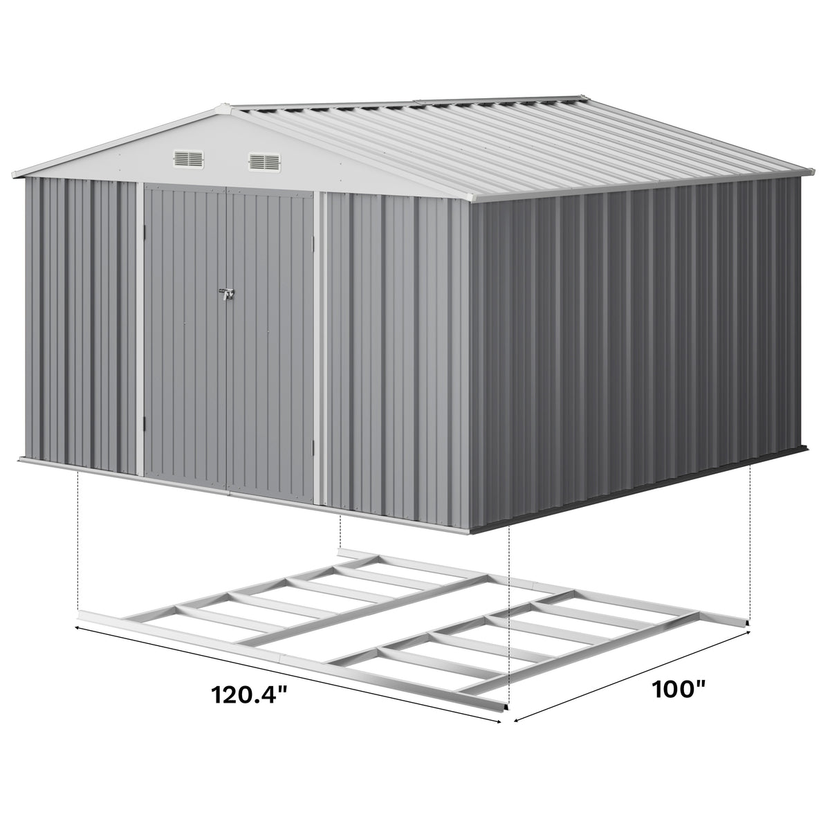 GUNJI 10 X10ft & 8 X 6ft 6 X 4ft & 5 X 3ft Storage Shed with Floor Frame, Metal Tools Shed with Design Of Lockable Doors, Utility And Tool Holder for Garden, Workshop, Backyard, Can Hold Various Tools