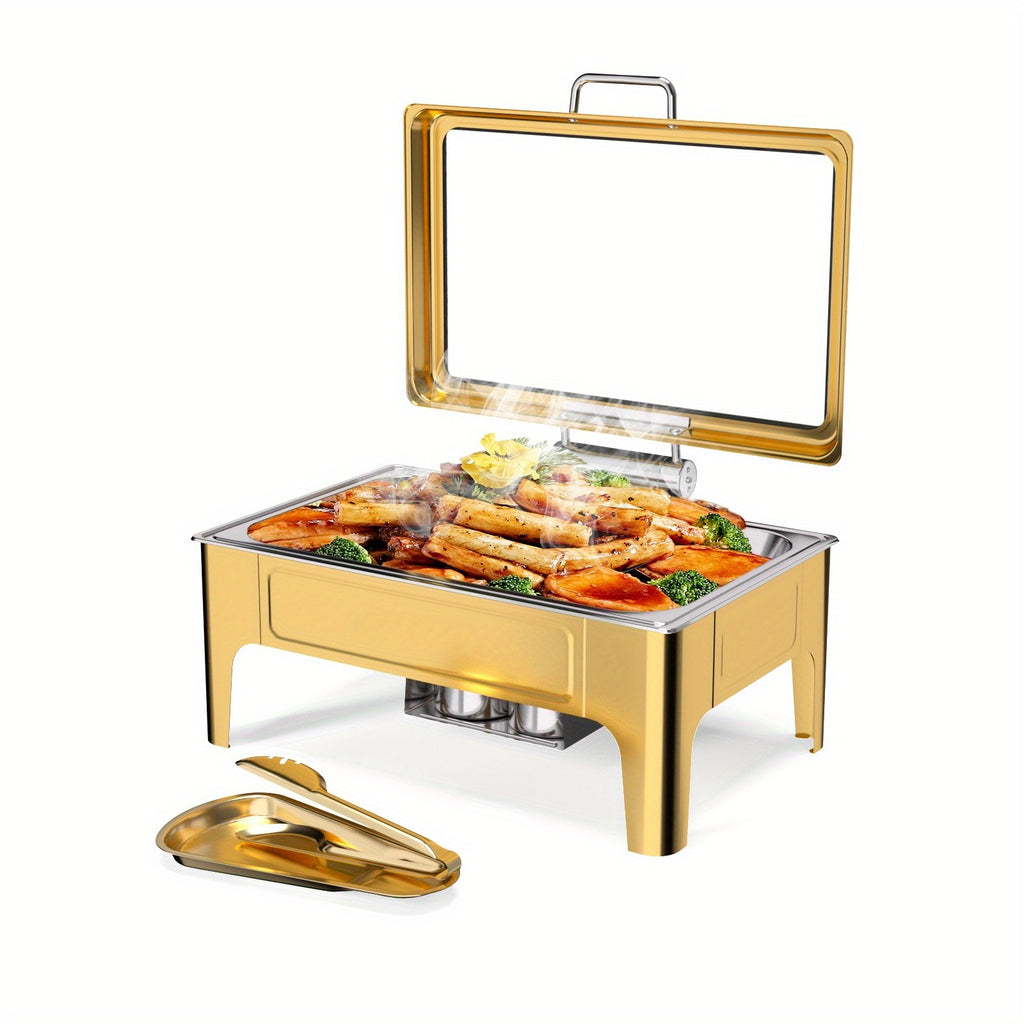 9QT square 304 stainless steel hot pot, hydraulic glass cover and food pot - golden buffet heater, suitable for catering, parties, events and home use only for cooking (1 pack))
