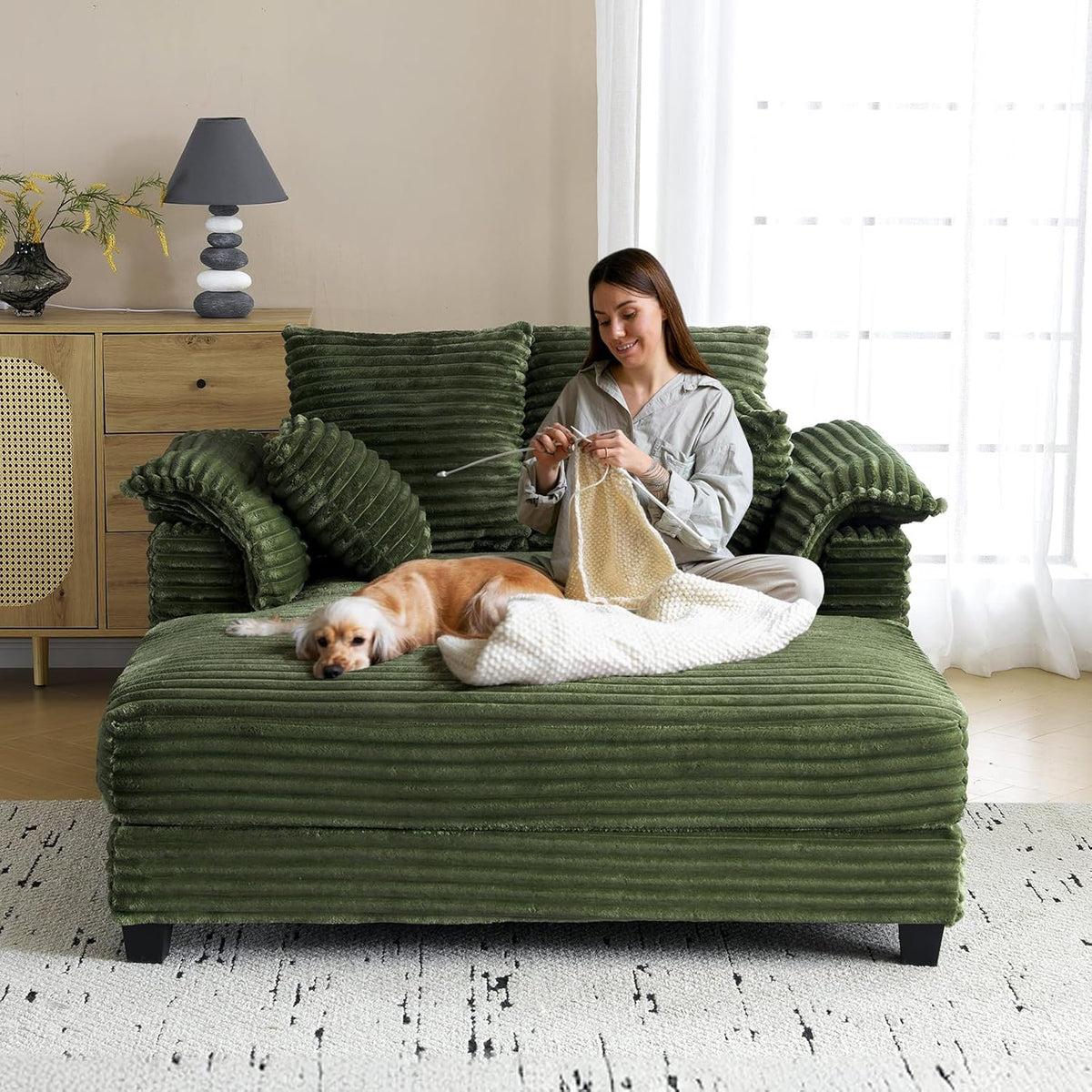 MOTOOS 56" Oversized Corduroy Sofa Bed with Recliner & Sleeper System - Convertible Bed to Couch Suitable for Living Room, Bedroom, Movie Room, Assembly, Throw Pillows & Armrests, Upholstered Chair for Small Spaces (No Wood Frame)