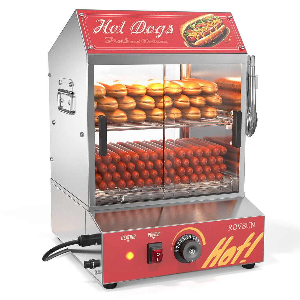 31.7QT/30L Hot Dog Steamer, Hut Steamer Hot Dog Steamer with Bun Warmer Cooker 175 Hot Dogs & 40 Buns Capacity with Removable Shelves Food Clip for Party Event Concession Stand 2-Tier