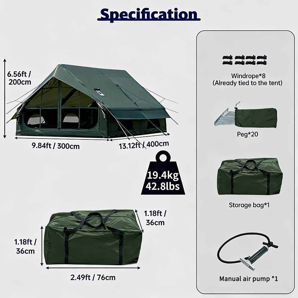 129 Sq.ft Inflatable Camping Tent | Outdoor Blow Up Tent Oxford 4 Season Air Tent Cabin House with Mesh Windows & Door, PVC & Polyester Material, Double Door, 2000mm-3000mm, Suitable for All Seasons