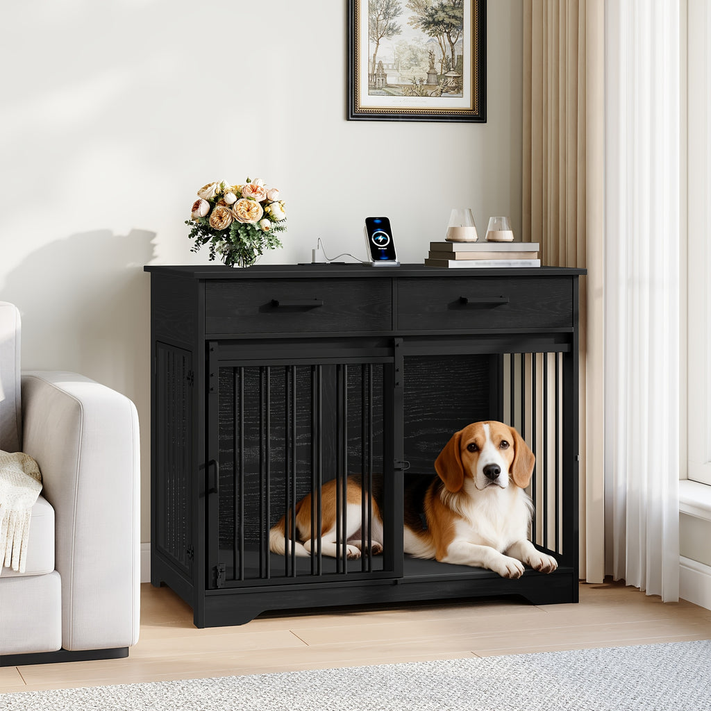 38.2'' Dog Crate Furniture with Charging Station, Barn Door Dog Kennel Indoor with 2 Storage Drawers, Wooden Pet Cage End Side Table for Medium/Large Dogs, Chew-Proof, Black/White Brown