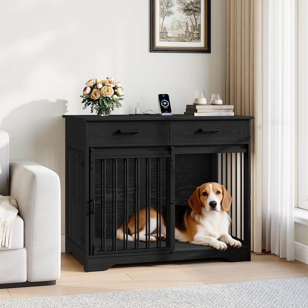 38.2'' Dog Crate Furniture with Charging Station, Barn Door Dog Kennel Indoor with 2 Storage Drawers, Wooden Pet Cage End Side Table for Medium/Large Dogs, Chew-Proof, Black/White Brown