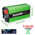 Pure Sine Wave Inverter 8000 Watt (Peak) Vehicle Power Inverter, Converts 12 Vdc to 110 Vdc to 120 Vdc, with LCD Display, Remote Control and Troubleshooting, 4 US Sockets for Car Onboard Chargers, for Home Solar Systems, RV's, and Vans, without Batteries