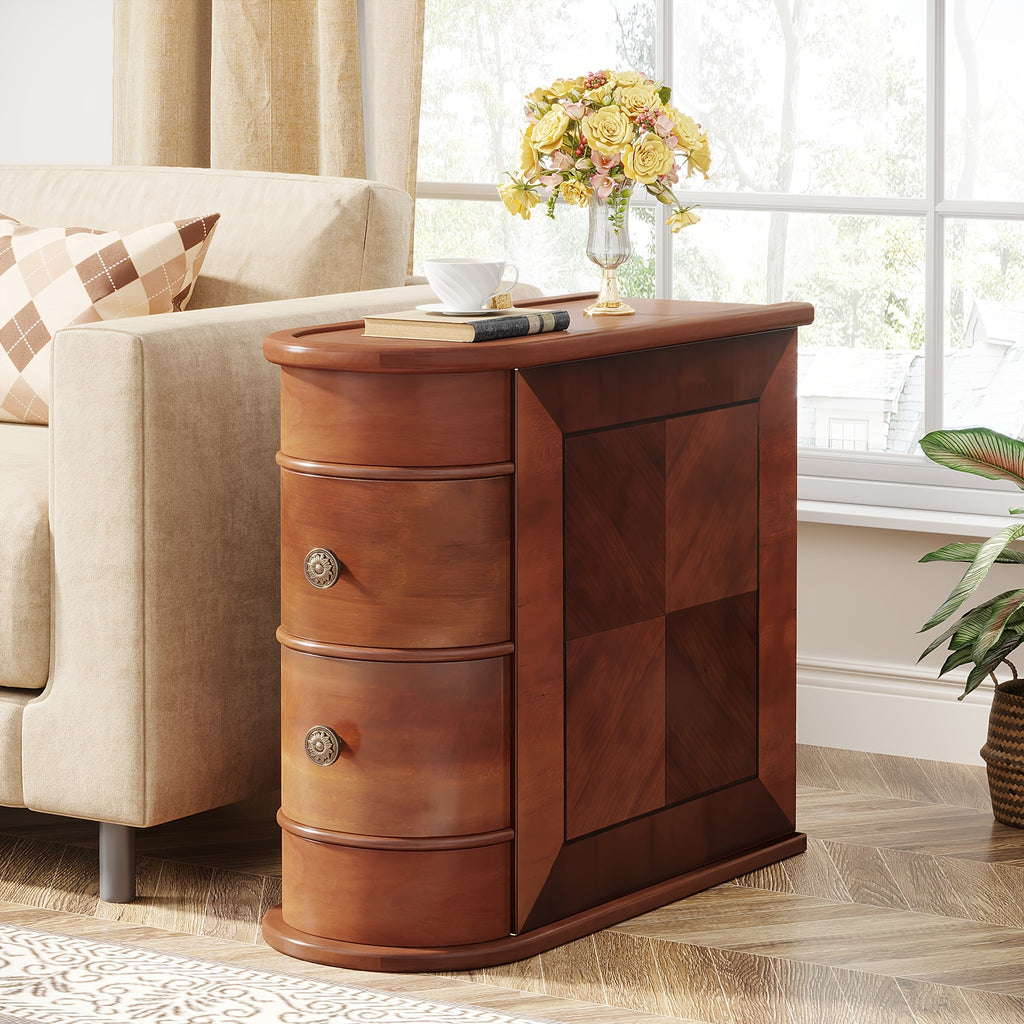 Modern Minimalist Coffee Table, Solid Wood Side Table, Bedroom Bedside Table, Coffee Table, with 2 Storage Drawers, Suitable for Living Room and Bedroom, No Assembly Required, Storage Space and Multifunctional Design, Halloween, Christmas Gift Retro Brown