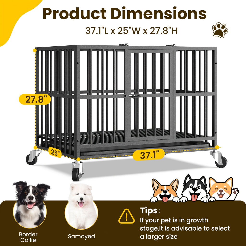 [Indoor Dog Crate] Heavy Duty Simple Version Round Pipe Iron Dog Crate, Indoor Double Door Dog Crate With Wheels With Removable Tray