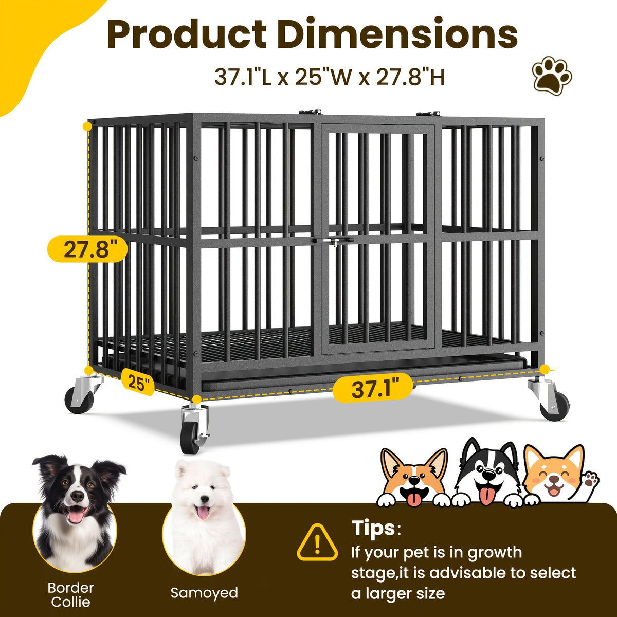 [Indoor Dog Crate] Heavy Duty Simple Version Round Pipe Iron Dog Crate, Indoor Double Door Dog Crate With Wheels With Removable Tray