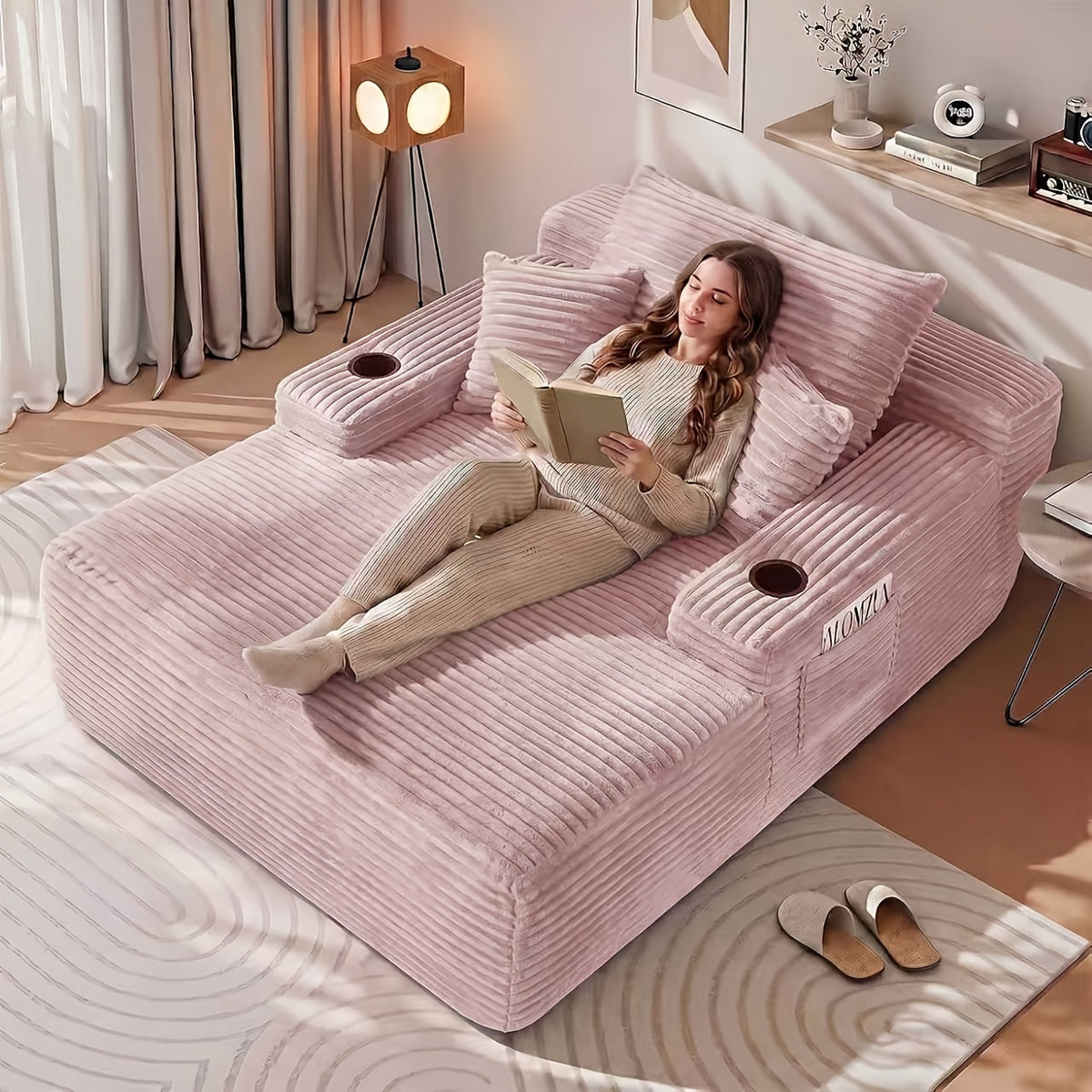 65-Inch Oversized Boneless Chaise Lounge with Cup Holders and Side Pockets, Includes 3 Pillows