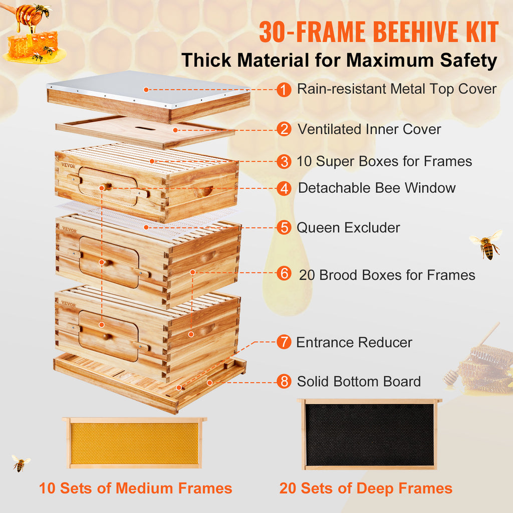 VEVOR Bee Hive 30 Frame / 40 Frame Bee Hives Starter Kit, Beeswax Coated Fir Wood, 2 Deep + 1 Medium / 2 Deep + 2 Medium Bee Boxes Langstroth Beehive Kit, Transparent Acrylic Windows with Foundations for Beginners Pro Beekeepers