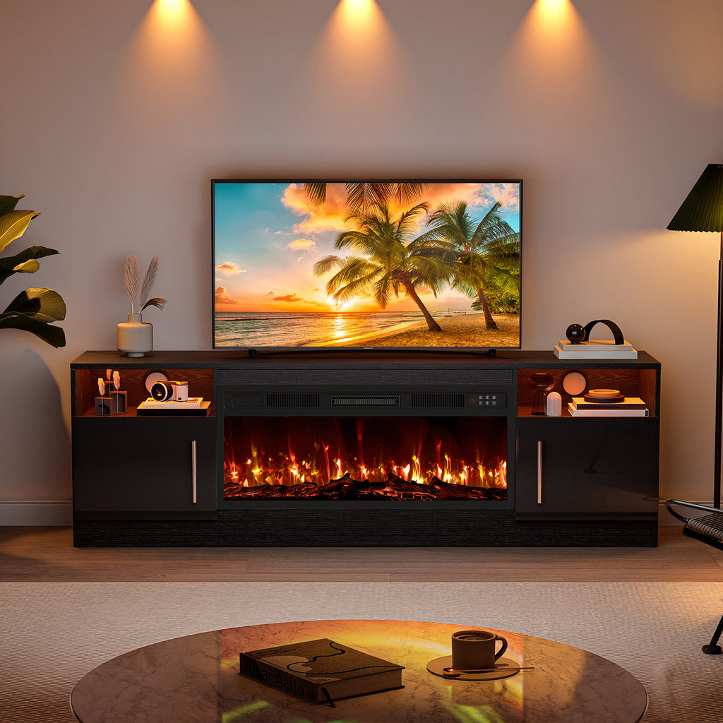 70“ Fireplace TV Stand with 36" Electric Fireplace Up to 80" TVs, Led Entertainment Center with High Glossy Doors, Modern Wood Media TV Console for Living Room