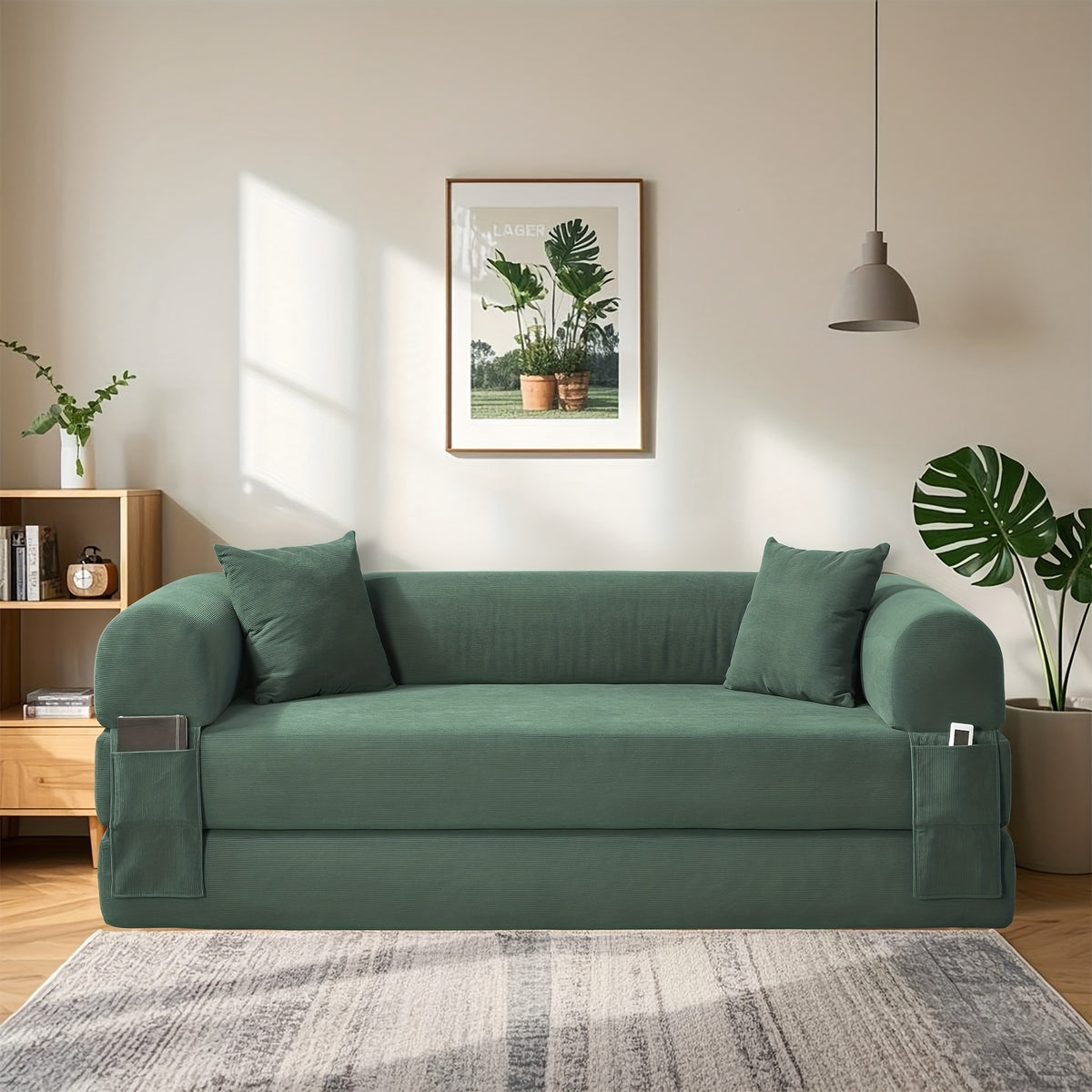80" Convertible Sofa Bed, 3-in-1 Corduroy Folding Pull Out Couch with Pillows, No Assembly Modern Boneless Couch Compression Sofa In Box, Floor Sofa with Side Storage Pocket for Living Room