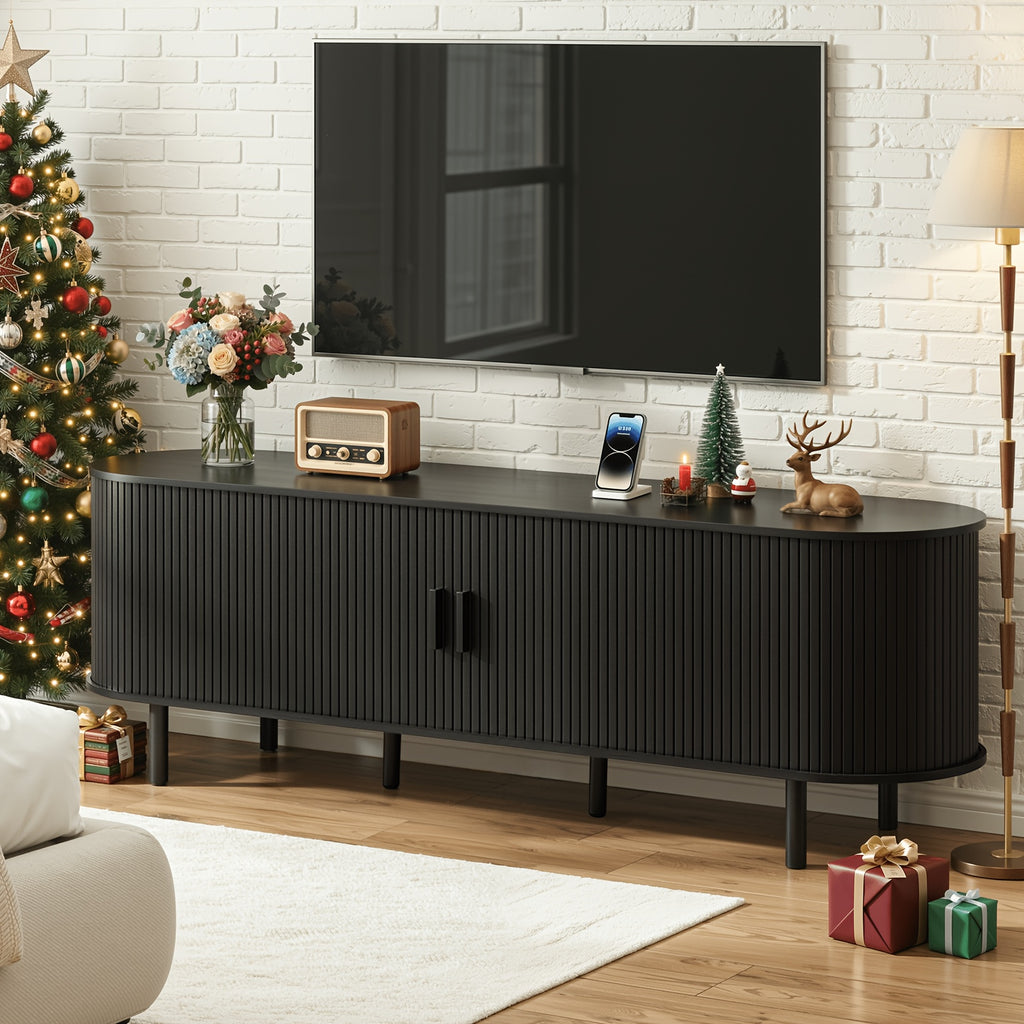 PAZCASA 70.8 Inch/55 Inch TV Stand with Power Outlet for Tvs Up to 75 Inches, Entertainment Center with Storage And Adjustable Shelves, Modern Media Console with Sliding Doors for Living Room, Walnut/Black/Oak