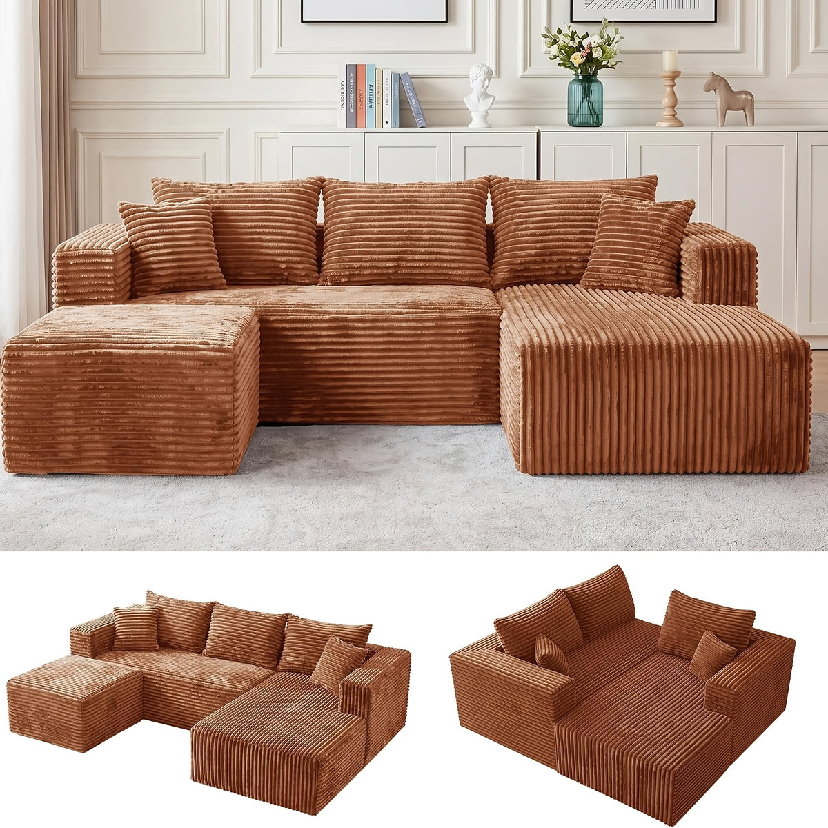 95 Inch L-Shaped Sectional Sofa, Fluffy Corduroy Cloud Sleeper Couch, Free Combination Boneless Sofa with Wide Chaise And Ultra-Deep Seating, Cozy Lounge Furniture for Apartment, Living Room, Easy Setup