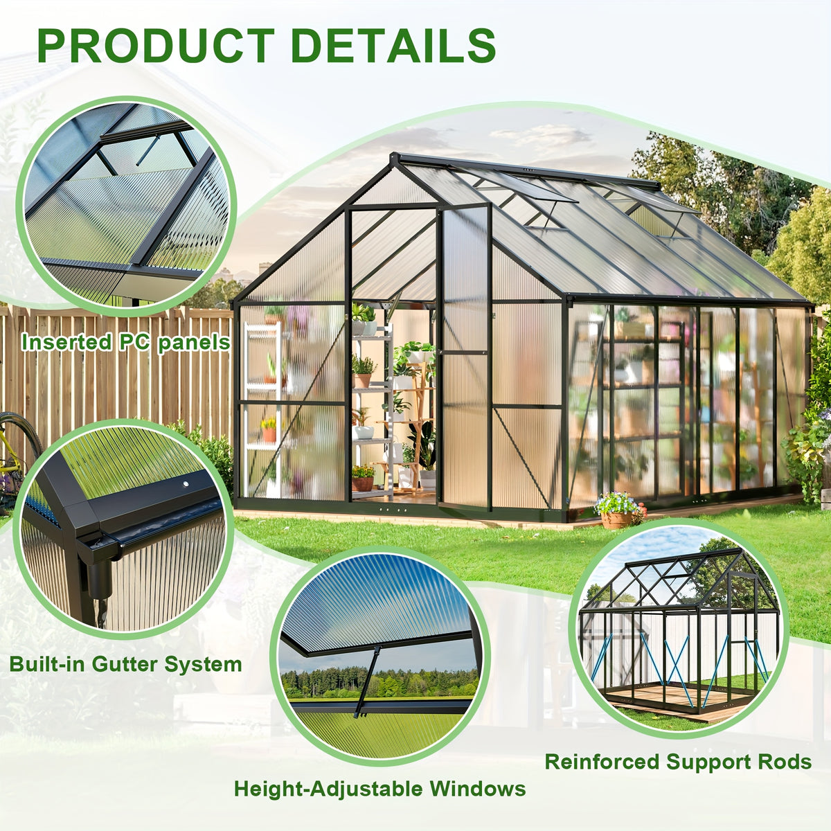 Spacious Outdoor Polycarbonate Garden House - Walk-in Design with Strong Aluminum Frame, Quick Setup, Roof Ventilation, and All-Year Round Protection - Ideal for Backyard Gardening and Greenhouse Use to Help Plants Flourish in Every Season