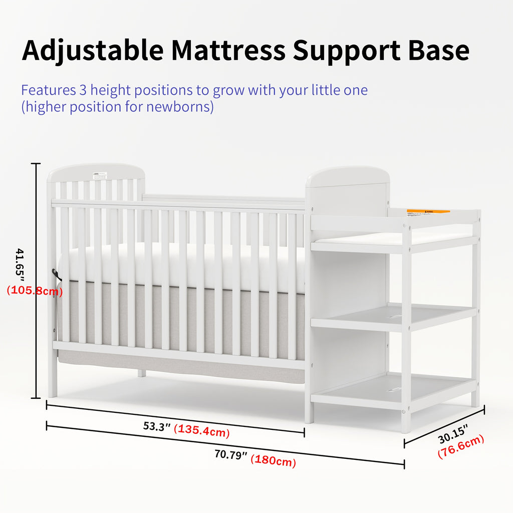 Goldzone 4-in-1 Convertible Baby Crib, Wooden Baby Stuffs Converts Into Toddler Bed with Changing Table, Newborn Essential Items Full Size Nursery Decor Cribs, Adjustable Heights, Item Weight: 56lbs, Maximum Weight Recommendation: 50lbs