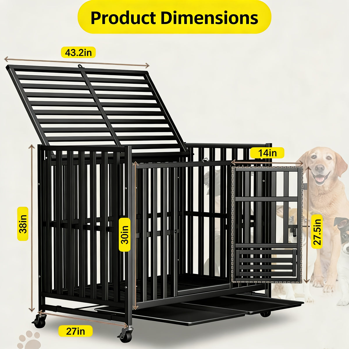 Extra Large Heavy Duty Dog Cage, 43.2 Inch - Indestructible Metal Kennel, Escape-Proof, with Lockable Wheels And Triple Doors, Ideal for High-Anxiety Pets, Indoor/Outdoor Use, High-Anxiety Pet Cage