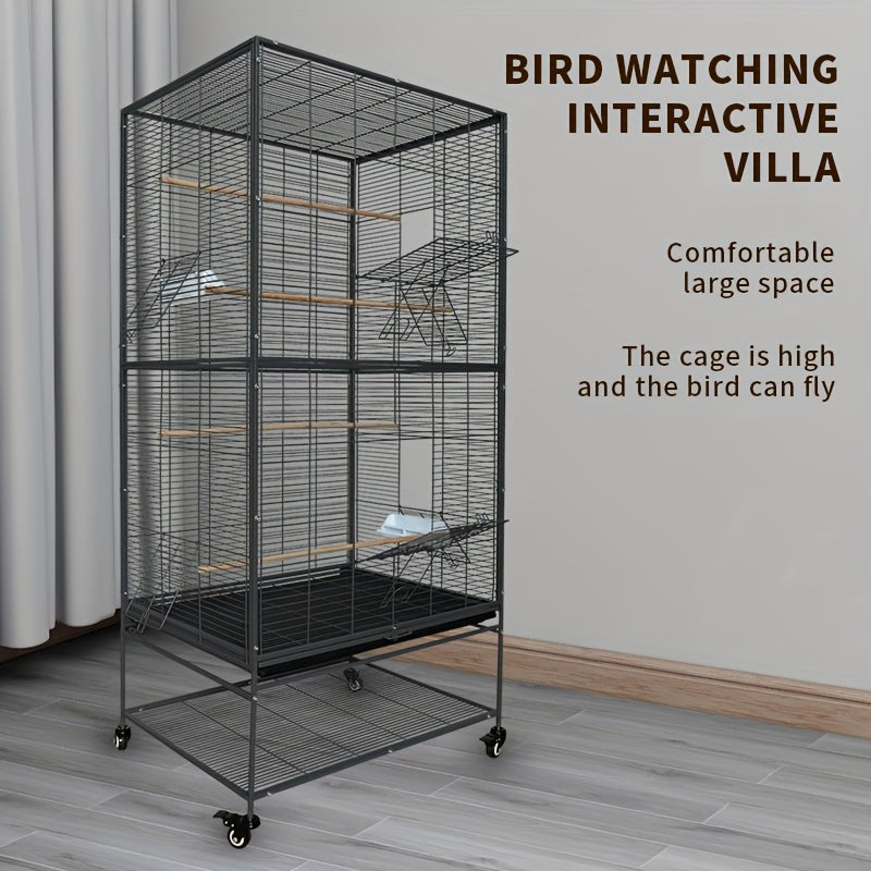 Luxury Villa Birdcage, Extra Large Parrot Cage with Wheels And Roof, Easy Assembly Bird Aviary for Macaw, Roosteratiel, Parakeet, Lovebird, Finch, with Horizontal Wire. Flight Cage Ideal for Breeders