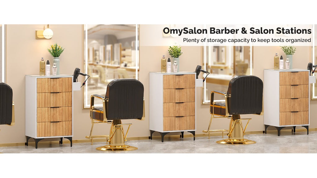 Salon Station, Barber Station for Hair Stylist, Storage Cabinet with Glass Top & Drawers & Heat Resistant Dryer Holders, Modern Retro Style for Beauty Salon, White/ Black