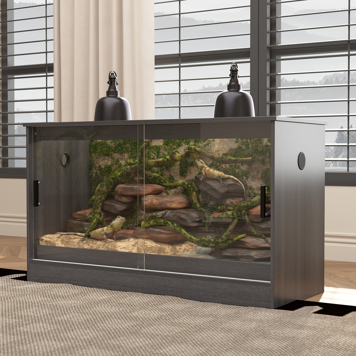[Reptile Terrarium Cabinet] Large Reptile Enclosure with Sliding Glass Doors, Ventilated Terrarium Cabinet with Dual Air Vents, Easy Access Design, for Reptiles And Amphibians, Black Grey