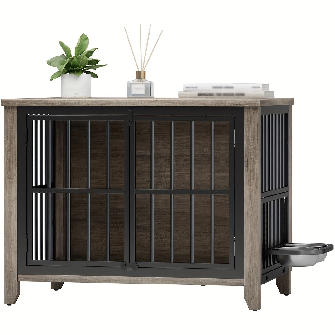 Furniture-Style Dog Crate with Height-Adjustable Rotating Bowls — Secure Indoor Enclosure in Gray or Brown