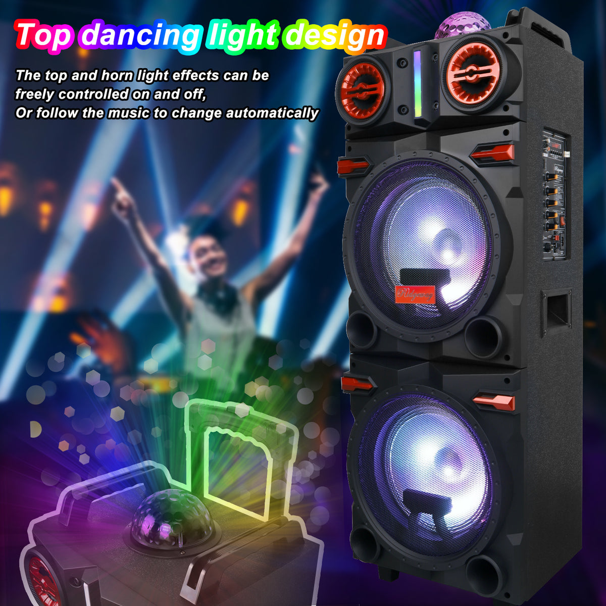 Sound Portable Party Bluetooth Speakers Loud Sound Powerful, DJ Sound Stereo Loud Bass Karaoke Machine with Sound Reactive Party Lights, USB/SD Input and Telescopic Pull Rod, Remote Control