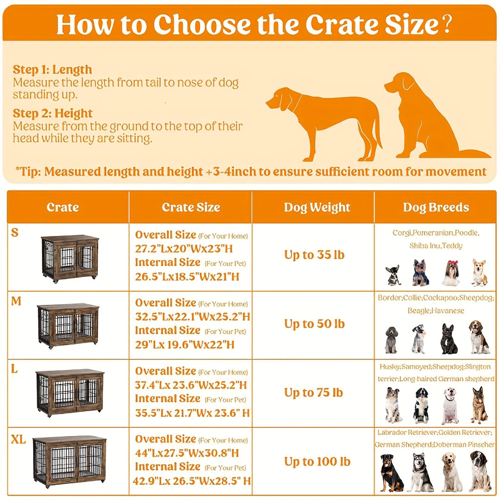 43/36/29/27in Furniture-style Wooden Dog Crate with Anti-Slip Mat, Adjustable Door, Secure Lock, Available In Gray/Brown, Easy to Move with Wheels Or Stable with Anti-Slip Foot Pads, Easy to Clean Pet Cage, Ideal for Home, Living Room Or Bedroom