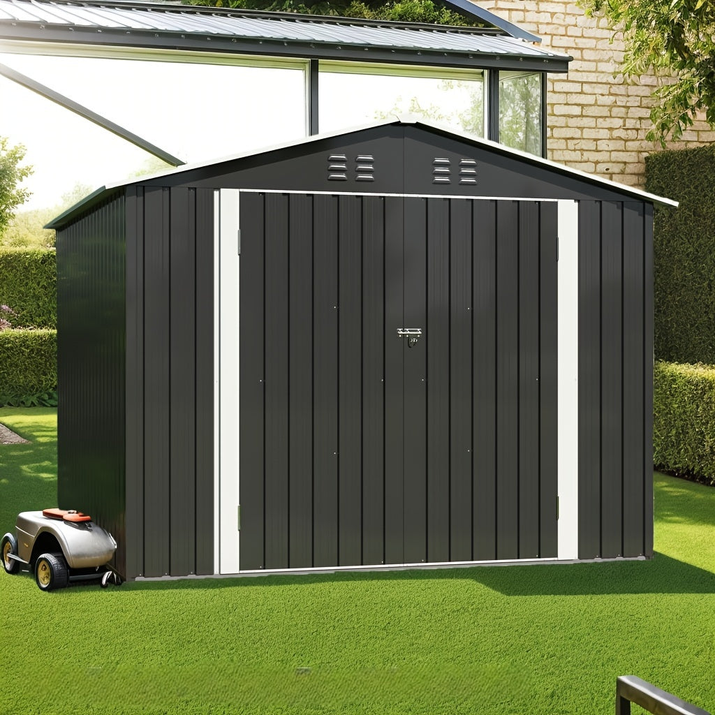 Metal Storage Shed 8' x 8' in Gray with Lockable Doors and Sloped Roof for Backyard Equipment Organization