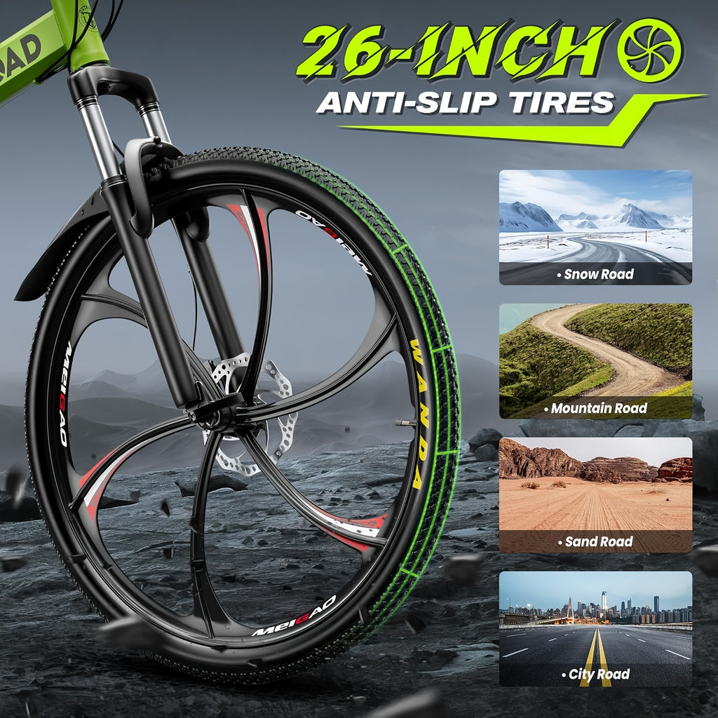 26 Inch Folding Mountain Bike, 21 Speed Full Suspension High-Carbon Steel MTB Foldable Bicycle, Dual Disc Brake Non-Slip Folding Bikes for Adults