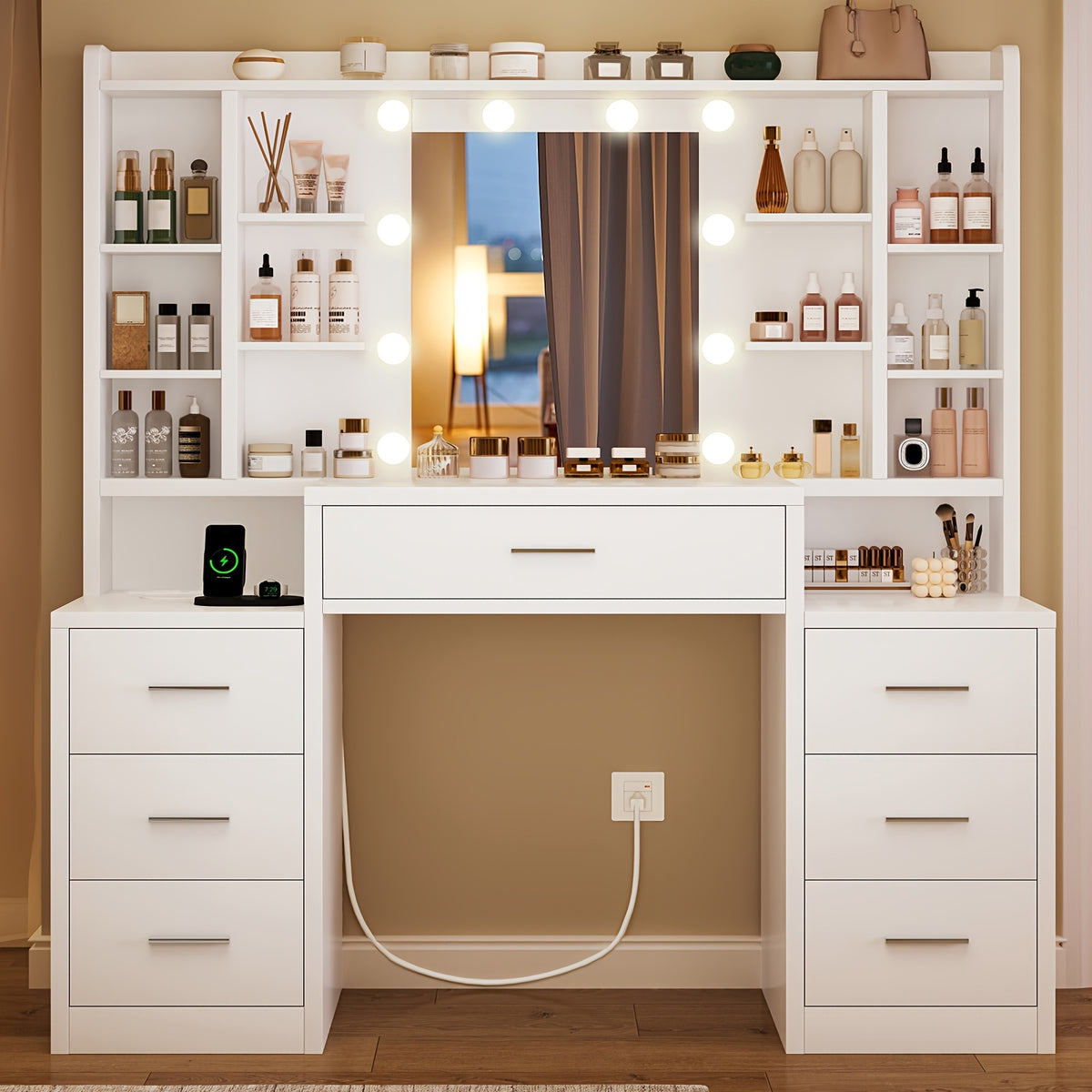 Makeup Vanity Table with LED Mirror | Vanity Desk with 7 Drawers and 8 Storage Shelves, Classic Finish, Bedroom Use