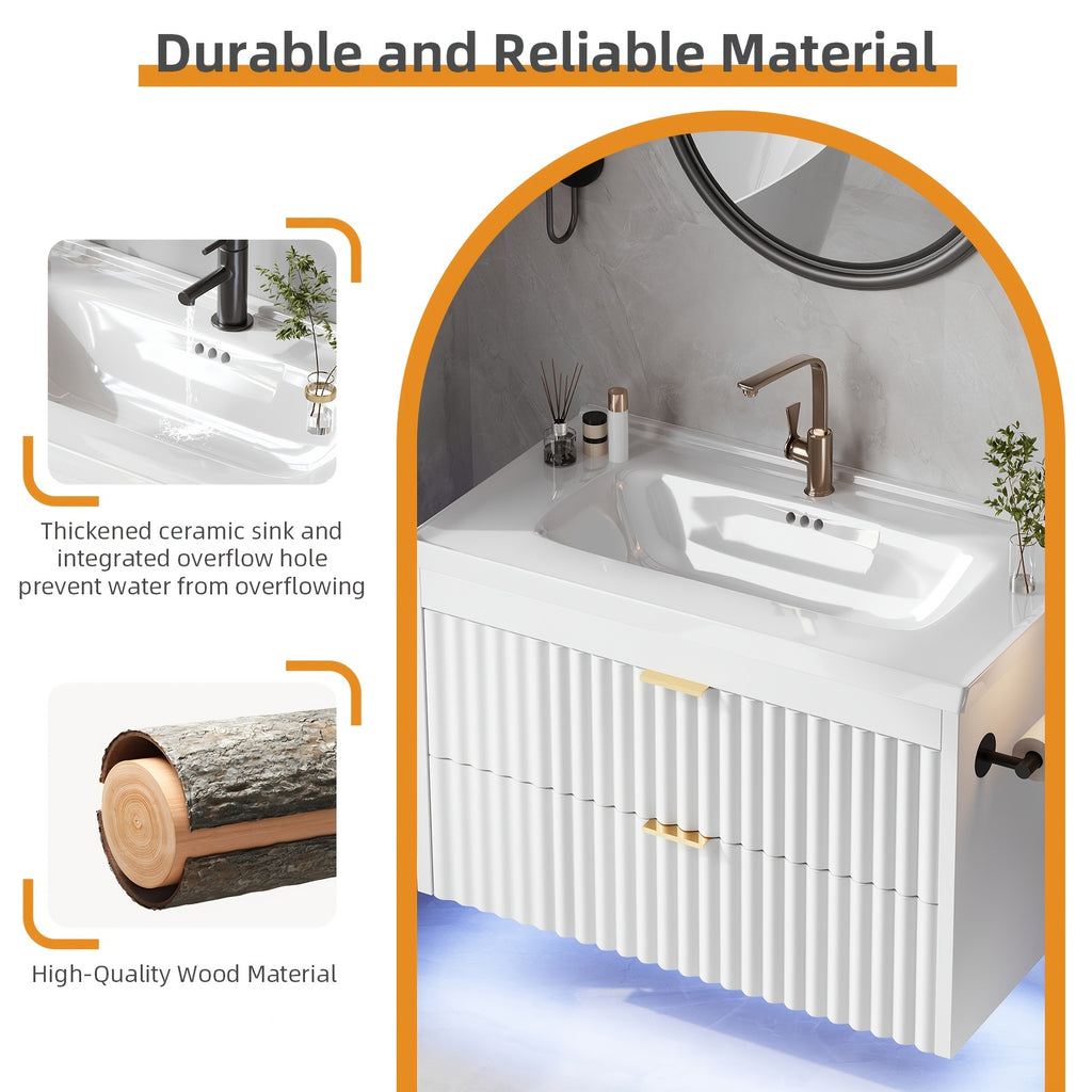 24" Wall Mount Floating Bathroom Vanity with LED Lighting, 3-Hole Ceramic Sink Included, Wave Fluted Textured Cabinet Door, 2 Soft Close Drawers, Modern Suspended Bathroom Vanity Cabinet for Small Bathrooms, Black & White Optional