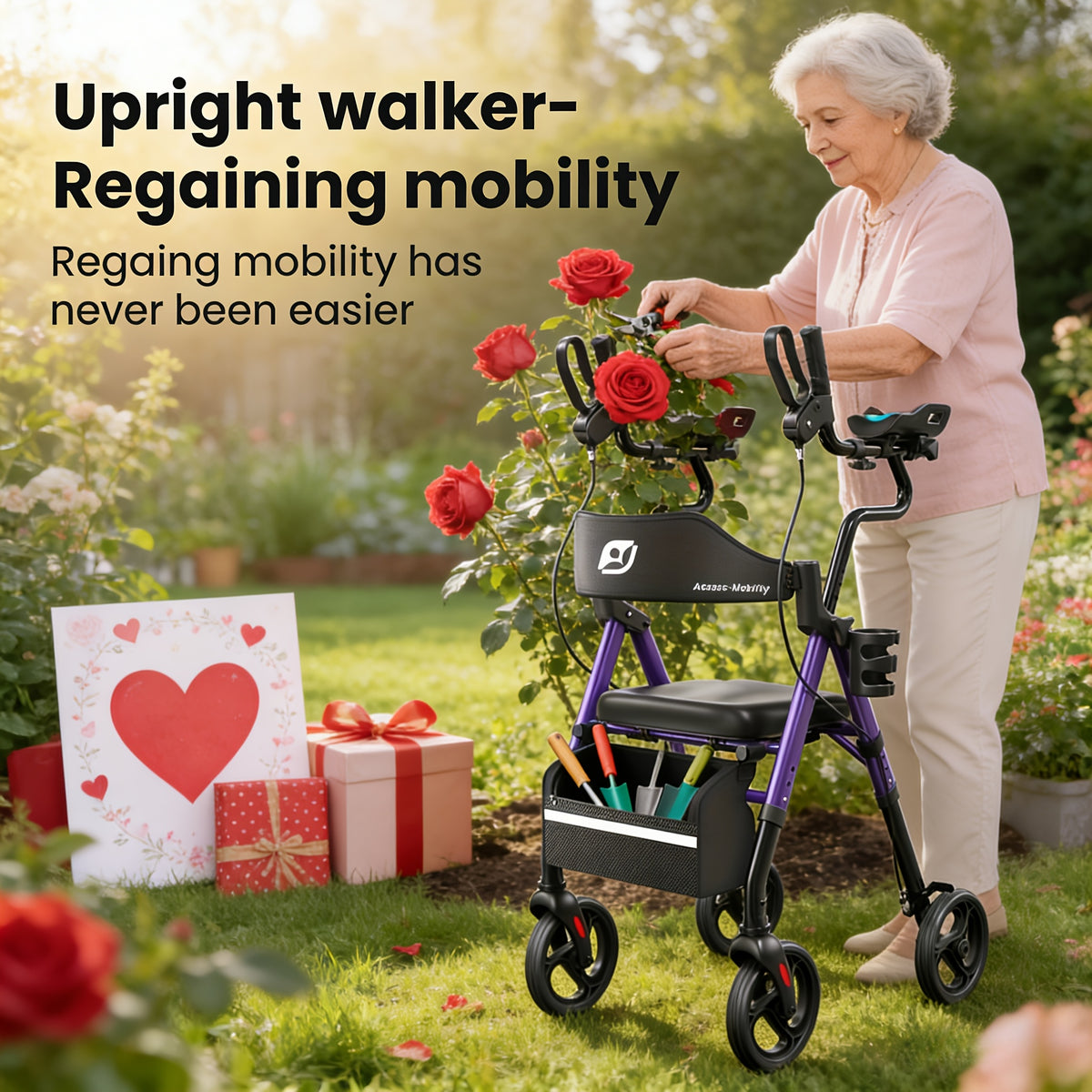 Maidesite Upright Walker, Stand Up Rollator Walker with Padded Seat and Backrest, Foldable Walker with Seat, Compact Folding, Fully Adjustment Frame, 8" Big Wheels for All Terrain, Ergonomic Seat and Backrest, Walkers for Seniors, Red