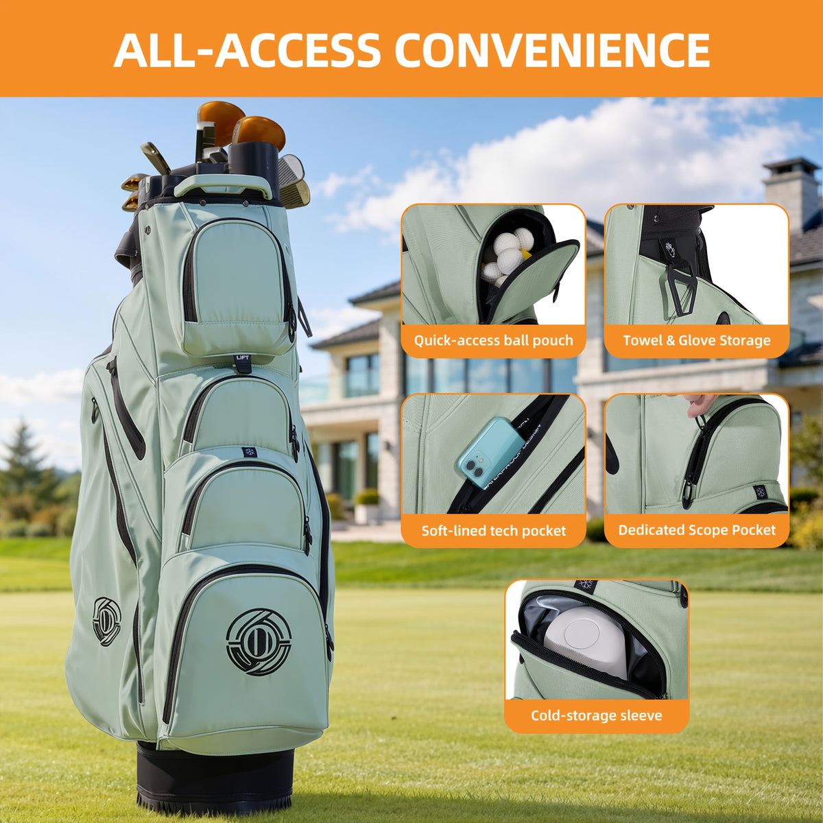 Professional Silent T- Lock Golf Cart Bag 14 Way Full Length Layer Lock Protection Silent Inner Shell Ergonomic Strap with Rain Cover