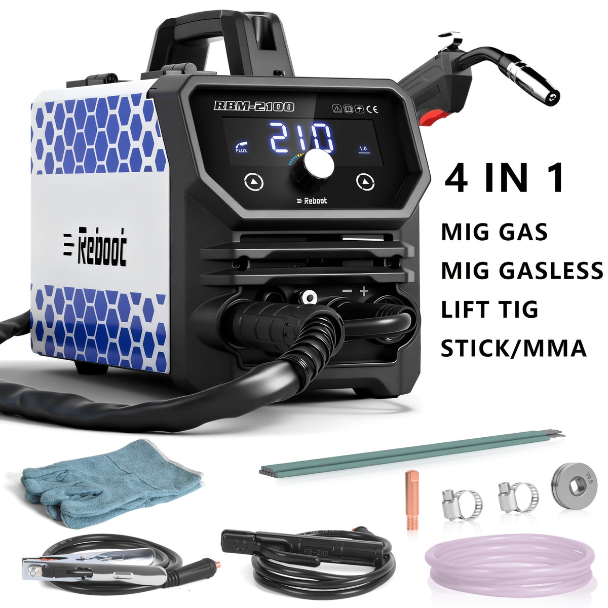 Reboot 200Amp MIG Welder 120V 240V 5 in 1 Welding Machine, Multiprocess for Gasless MIG Welder/Gas Mig/Lift Tig/Stick/Spot Welding with Synergy Dual Voltage Large LED Display, Without Battery