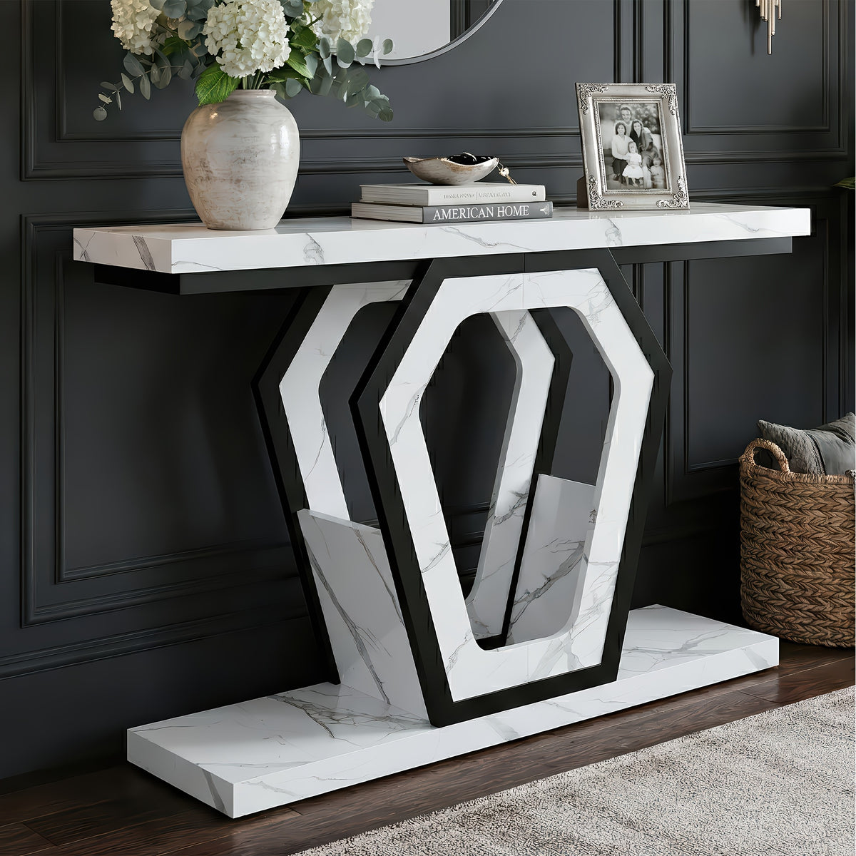 47.3" Modern Console Table with White Marble Texture, Narrow Sofa Table for Entryway & Hallway, Slim Behind Couch Table with Openwork Bracket, Foyer Table for Living Room, Easy Assembly