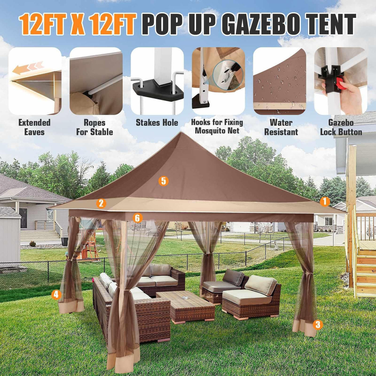 12x12ft Foldable Pop-up Tent, Home Decoration Party Canopy Gazebo with Mosquito Net, Including Carrying Bag and Sandbag, UV and Insect Repellent, Easy to Install, Perfect for Camping, Beach, Party, Yard, Villa, Lawn and Other Outdoor Events