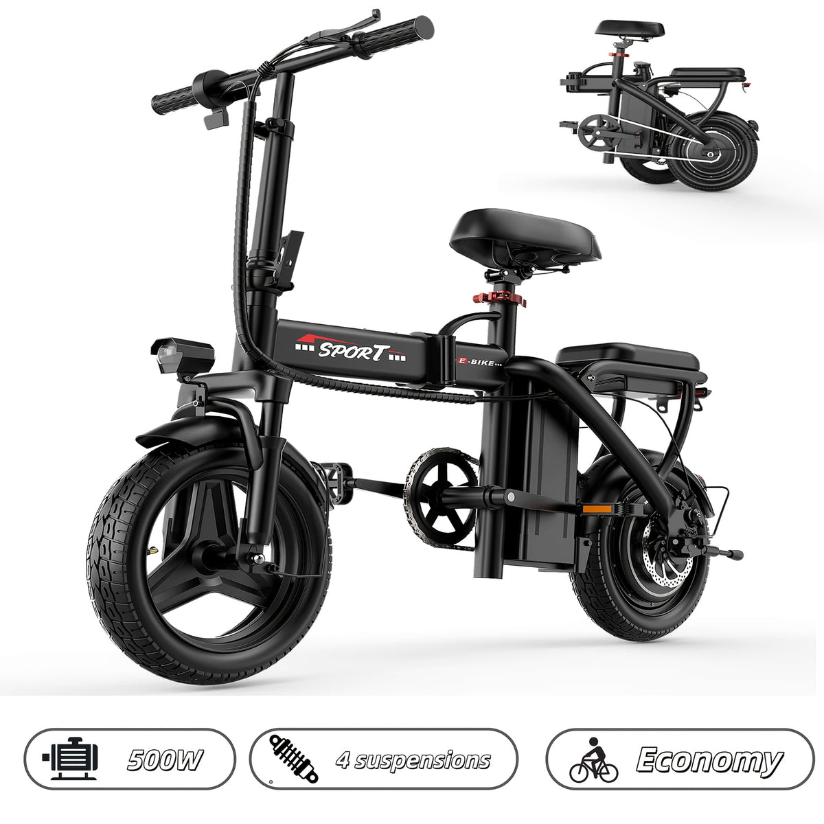 500W Adult Folding Electric Bicycle - 20 MPH, 25-Mile Range, 48V 15Ah High-Capacity Removable Battery, 14-Inch All-Terrain Tires, Dual-Seat Design, Three Riding Modes (Electric, Pedal-Assist, And Pedal), Multi-Functional LCD Display.