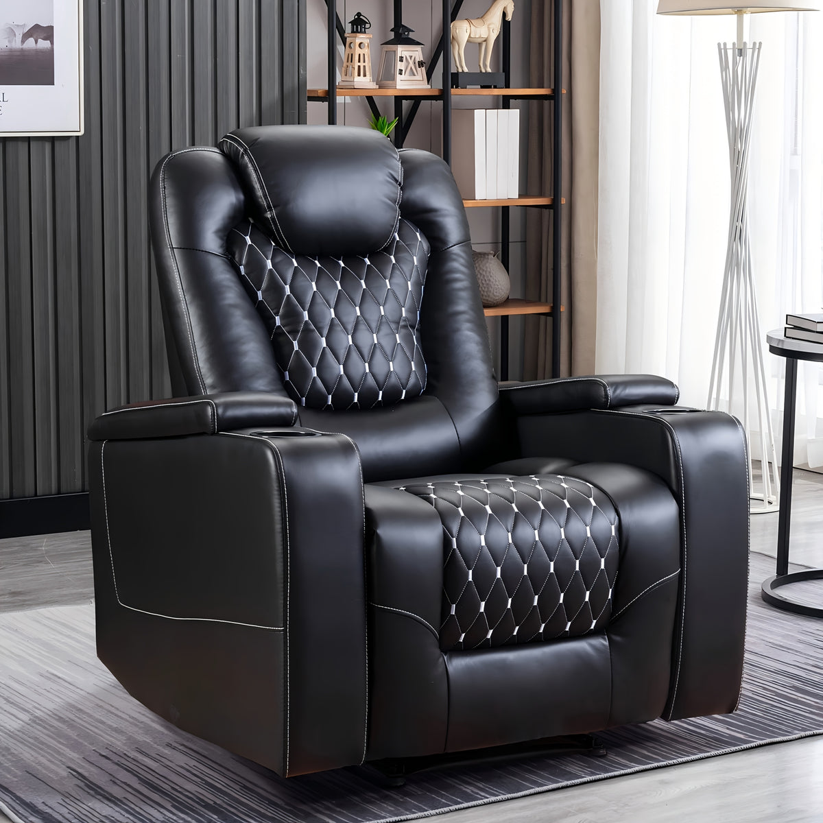 Power Recliner Chair with USB Ports And Cup Holders - Overstuffed Electric Home Theater Seating Faux Leather Reclining Furniture with Hidden Arm Storage, Easy to Clean (Black)