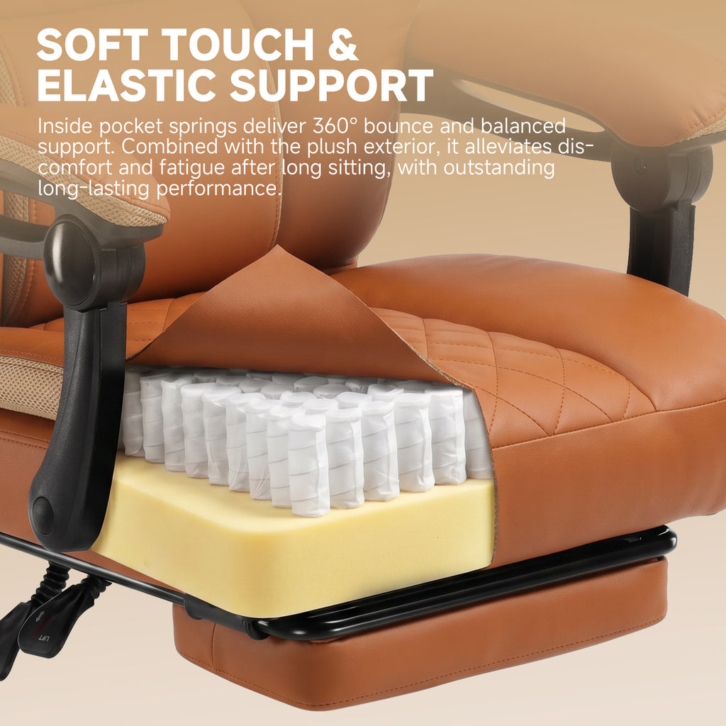 Ergonomic High Back Office Chair with Linkage Widened Armrest, Big&Tall Executive Office Chair, Gaming Chair, Thick Pocket Spring Wide Seated Cushion, Desk Chair with Retractable Footrest for Adults, Faux Leather/Corduroy/Fabric, OC-305