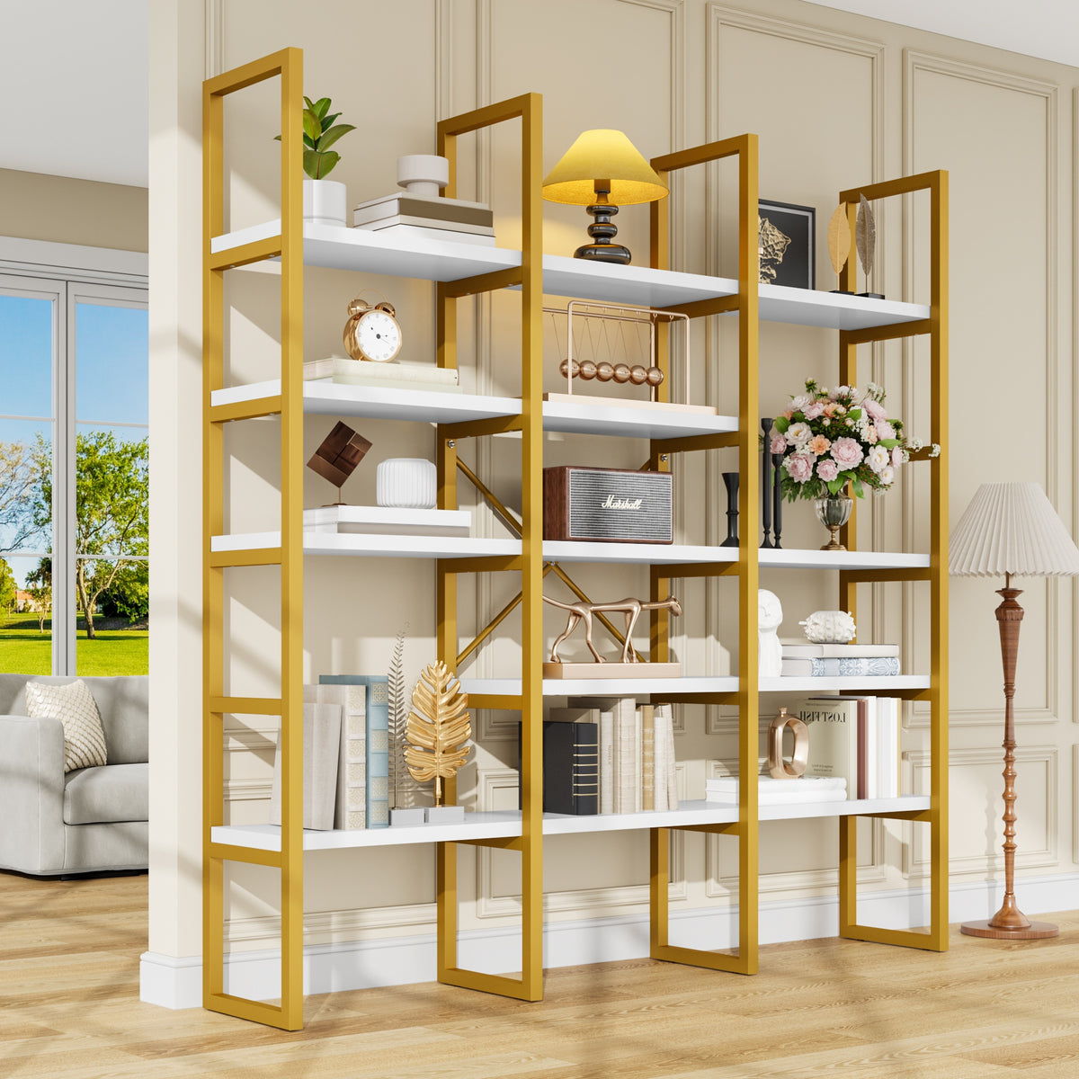 71" Industrial Bookcase - 5-Tier Triple Wide Geometric Shelf, Sturdy Metal Frame, Freestanding Display Unit for Home & Office