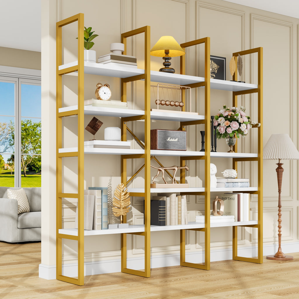 Industrial Bookcase, 71-Inch 5-Tier Triple-Wide Geometric Display Shelf for Home or Office