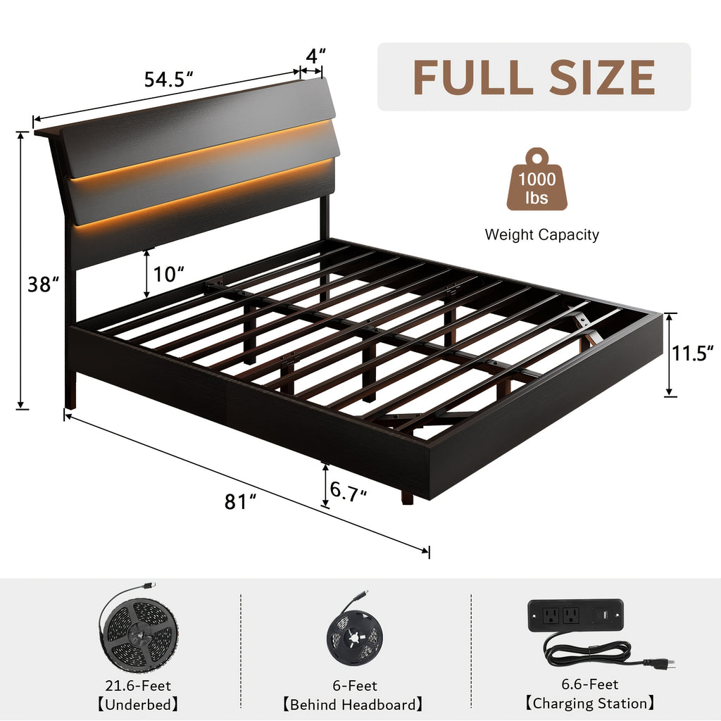 Valnase Floating Bed Frame with LED Lights & Charging Station, Platform Bed with Wooden Storage Headboard, Steel Slats Support, Easy Assembly