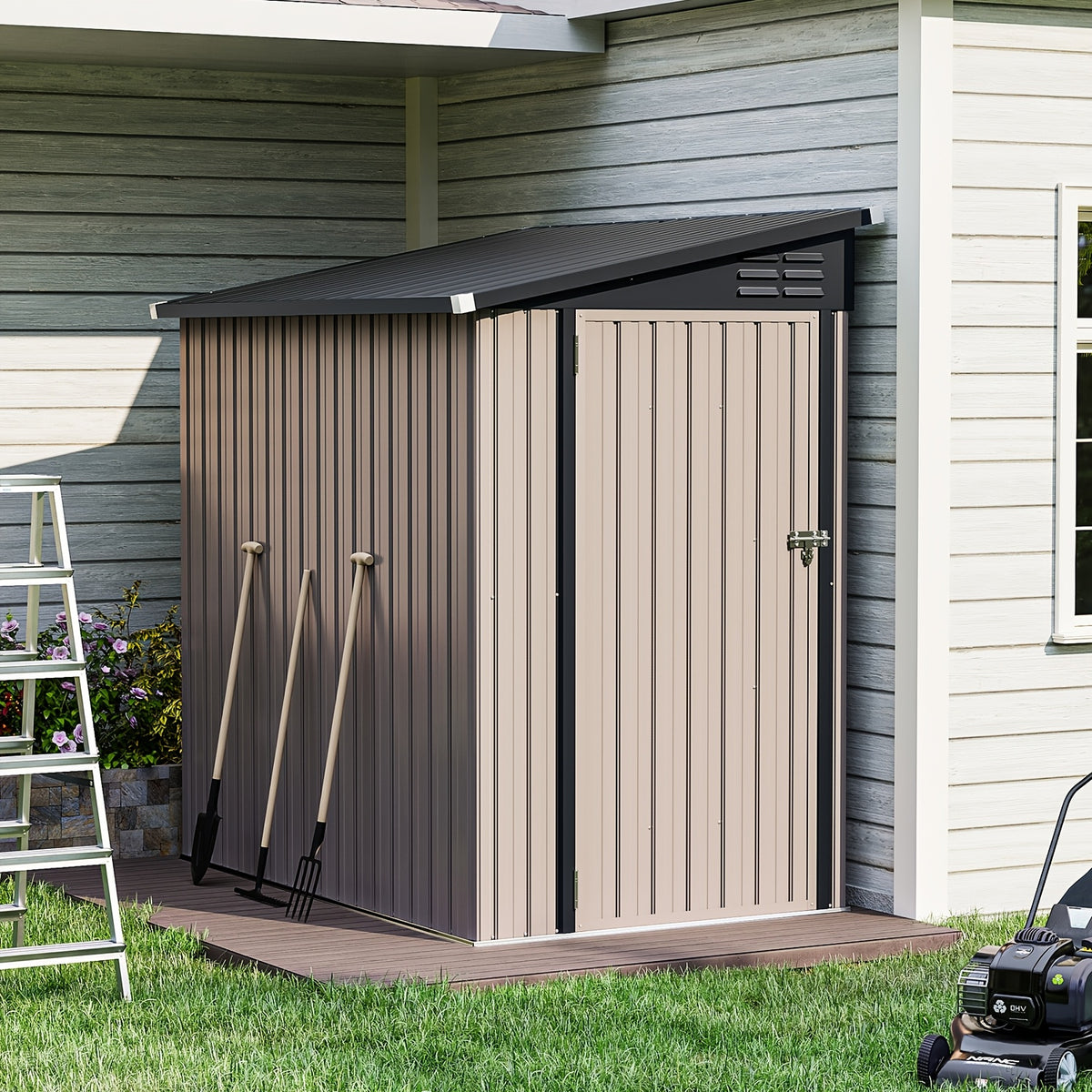 6' X 4' Heavy-Duty Metal Lean-to Storage Shed | With Sliding Door & Sloped Roof, Durable Metal Construction, Brown & Black Design, Nordivale Brand - Ideal for Patio, Lawn, Backyard - Spacious Organizer for Tools